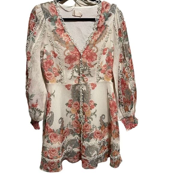 Anthropologie-{Champagne & Strawberry}- Shimmer Rose Button Down Lace Trim Dress - Picture 1 of 9